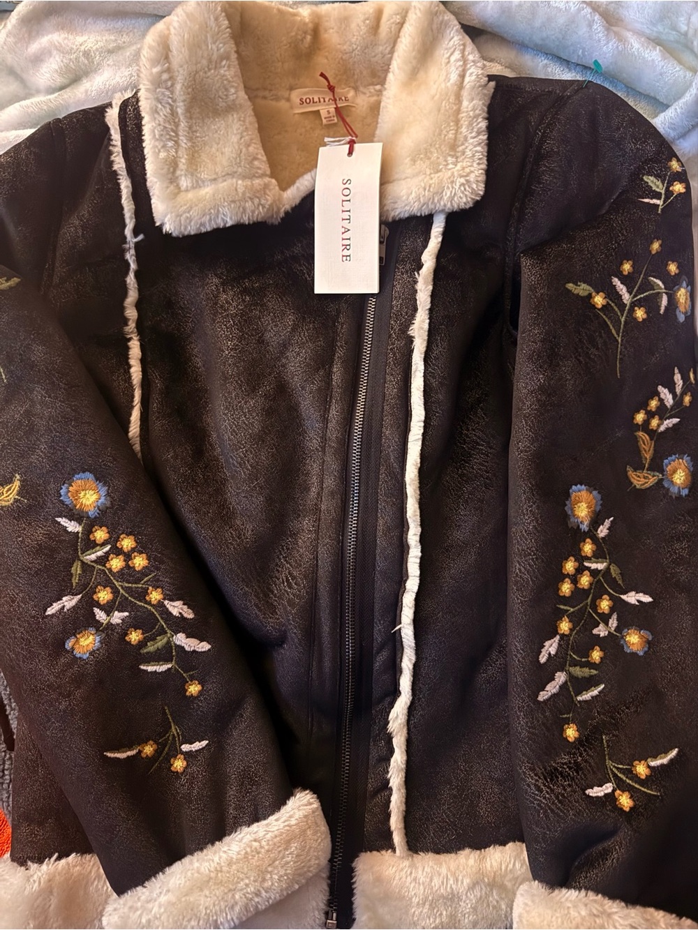 Solitaire Black Faux-Shearling Floral Embroidered Aviator Jacket